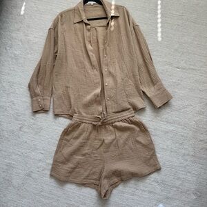Favorite daughter matching set ex boyfriend shirt and slip it on shorts beige